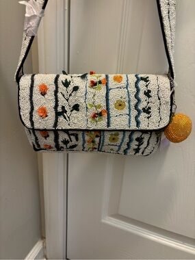 Embroidered White Beaded Shoulder Bag with Floral Accents